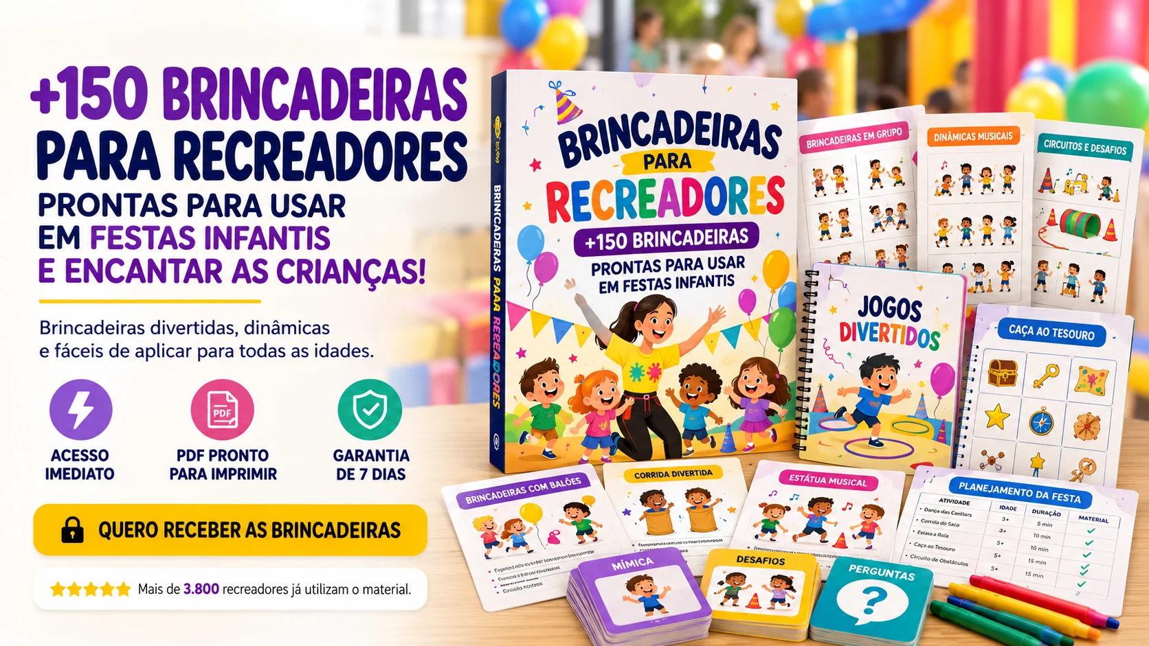Kit +150 Brincadeiras para Recreadores: livro, cadernos, cartas e fichas de brincadeiras prontas para imprimir sobre a mesa
