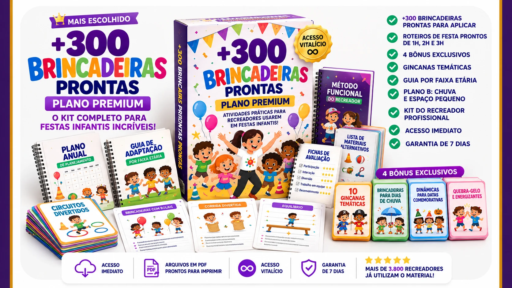 Kit +300 Brincadeiras Prontas Plano Premium com livros, roteiros, gincanas e bônus